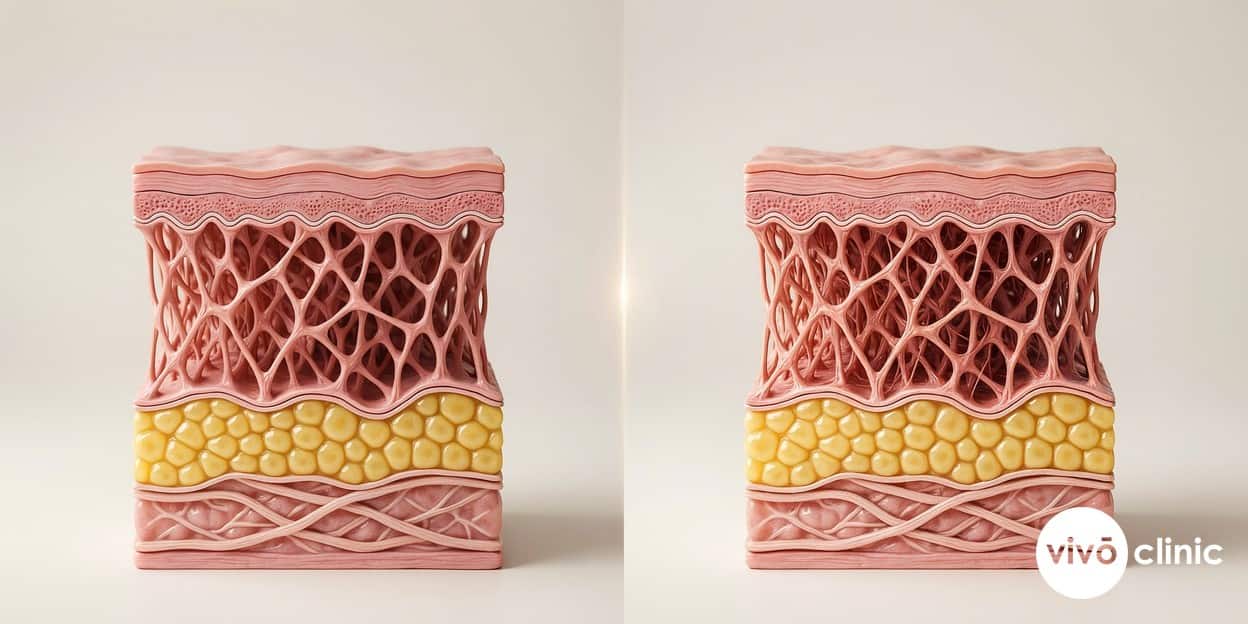Photorealistic cross-section render of skin showing collagen fibres thinning and loosening after menopause as oestrogen declines, with the dermal support layer becoming sparser