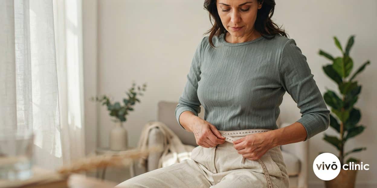 Middle Eastern woman in modest activewear measuring her waistline at home, illustrating post-menopausal fat redistribution to the abdomen