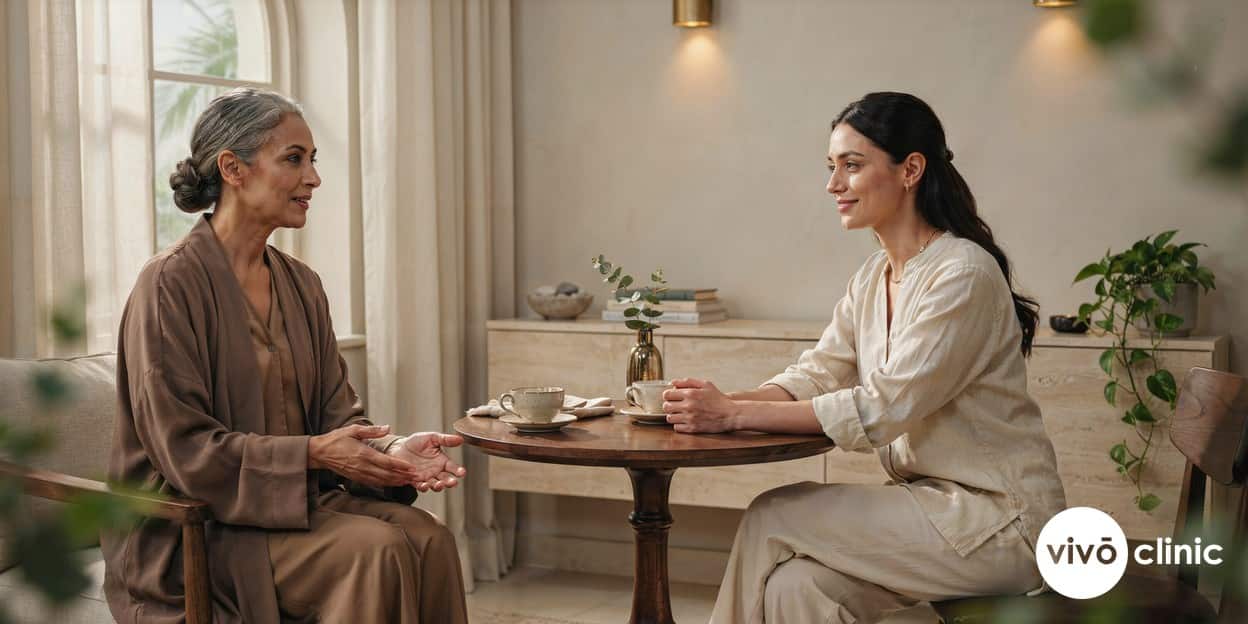 Confident Middle Eastern woman in her fifties smiling during a relaxed consultation about menopause skin and body treatments at VIVO Clinic Dubai