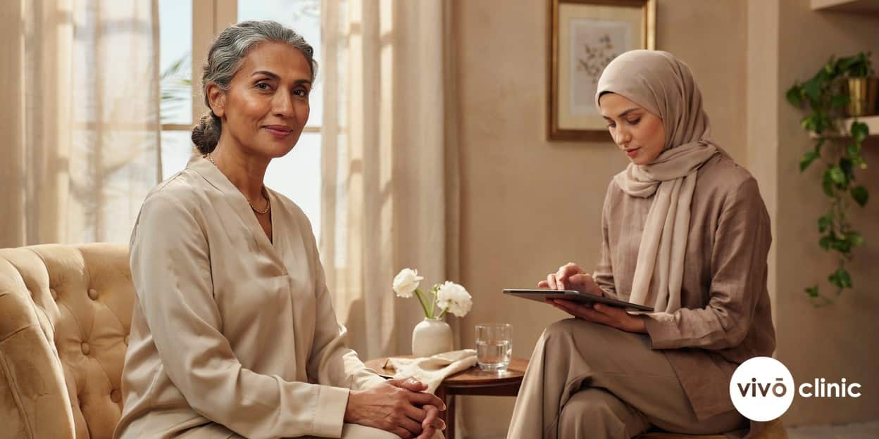 Confident Middle Eastern woman in her fifties during a menopause aesthetic consultation at VIVO Clinic Dubai, with a practitioner reviewing skin laxity notes