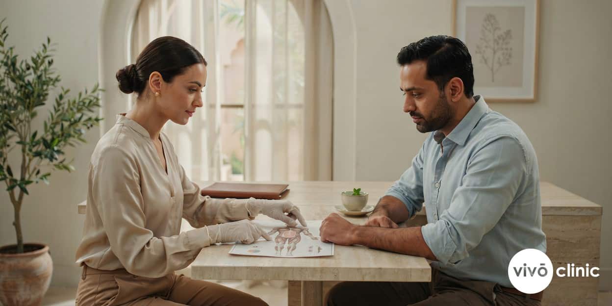 Gloved practitioner reviewing a body-mapping chart with a Middle Eastern male patient during a contouring consultation at VIVO Clinic Dubai