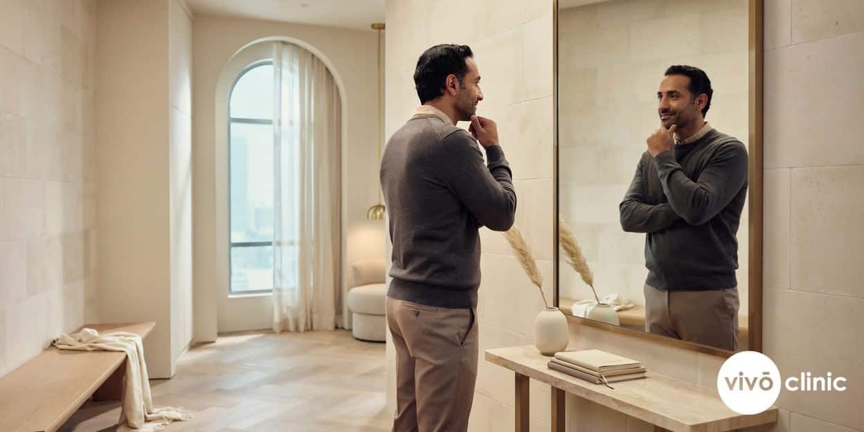 Middle Eastern man in his forties examining his firmer, more defined jawline in a mirror after a skin-tightening treatment at VIVO Clinic Dubai