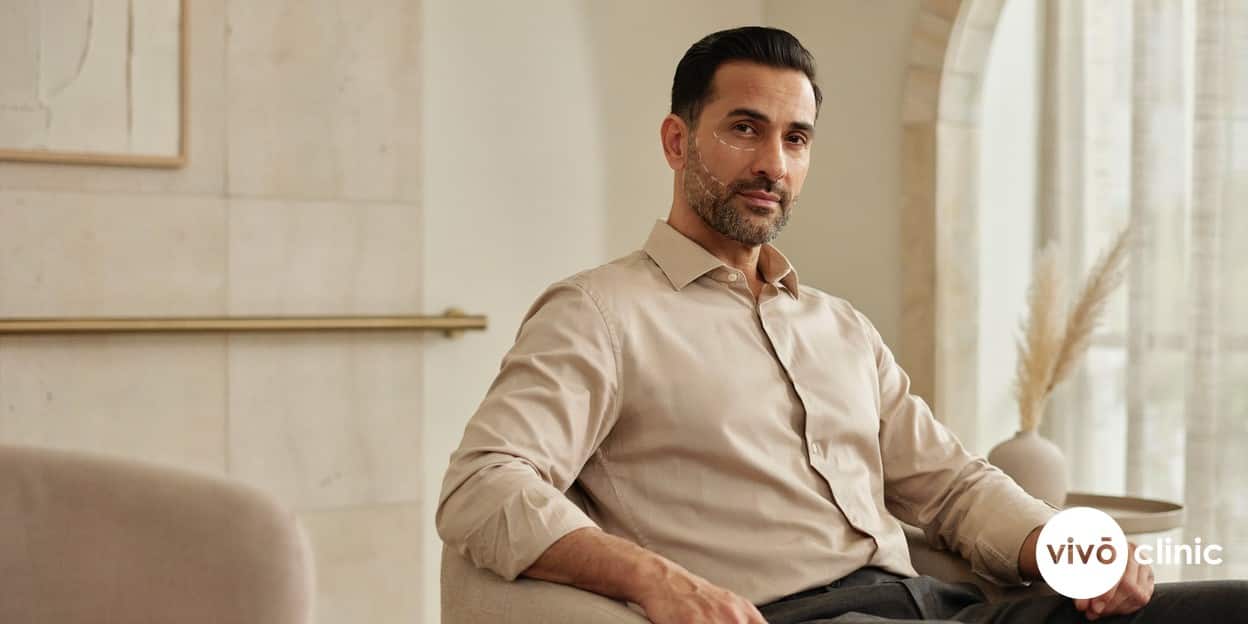 Middle Eastern man in his forties with white cosmetic marking lines along his jawline and flanks during an aesthetic treatment consultation at VIVO Clinic Dubai