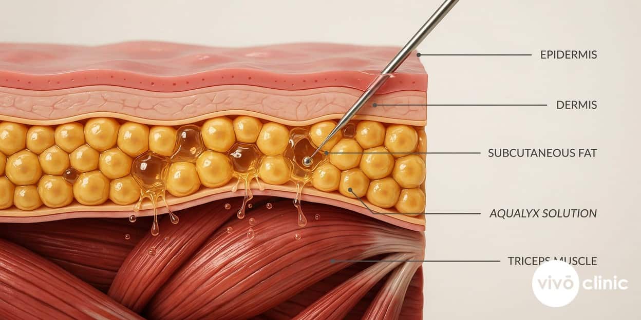 Photorealistic cross-section render of upper-arm skin layers showing Aqualyx injected into the subcutaneous fat pocket above the triceps muscle, with the fat-cell membranes breaking down