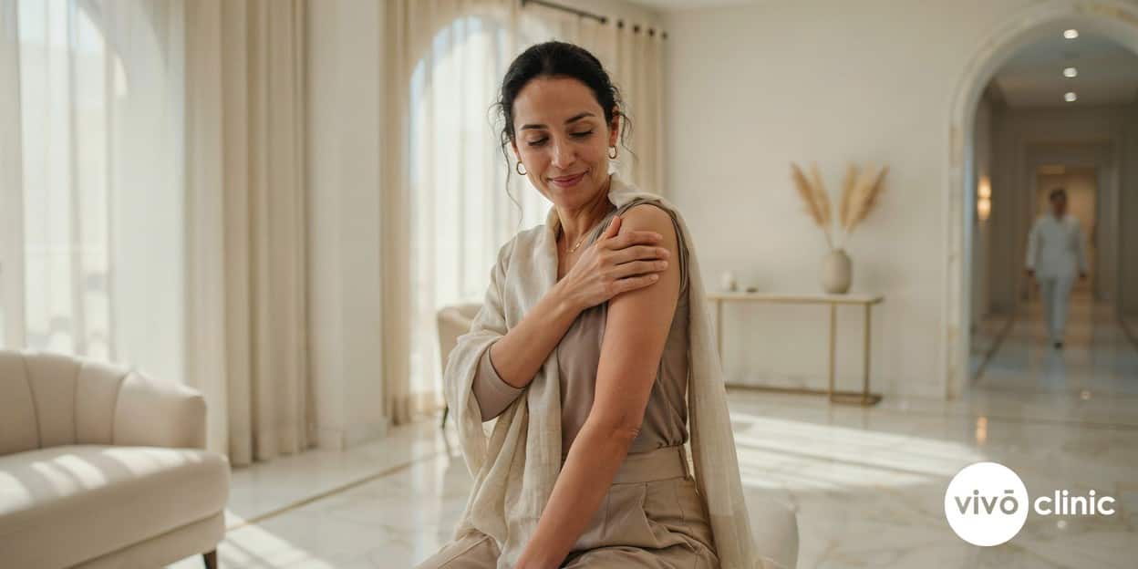 Middle Eastern woman in elegant modest clothing looking pleased with the smoother contour of her upper arm in a bright, premium Dubai clinic setting