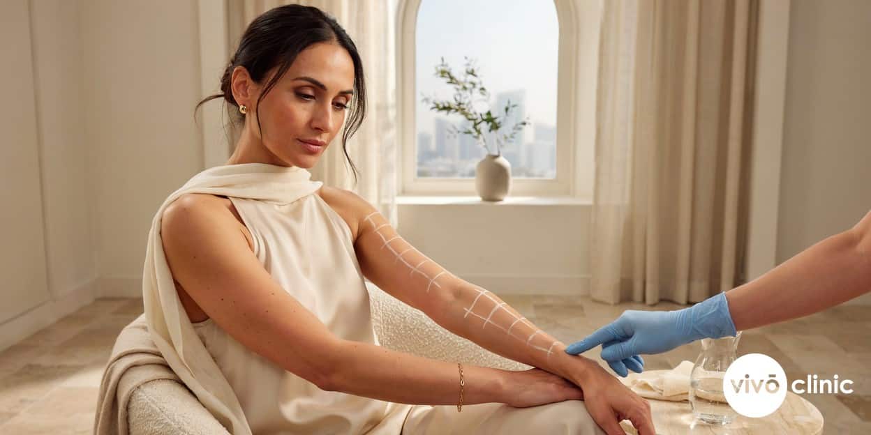 Middle Eastern woman in modest dress with white cosmetic marking lines on the back of her upper arm during an Aqualyx fat dissolving consultation at VIVO Clinic Dubai