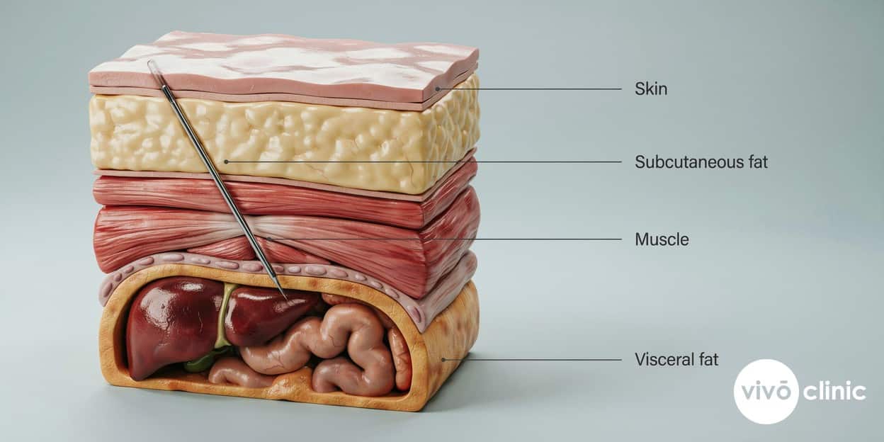 Photorealistic cross-section render of abdominal layers showing the pinchable subcutaneous fat layer beneath the skin separated by the muscle wall from the deeper visceral fat surrounding the organs, with the Aqualyx injection reaching only the subcutaneous layer