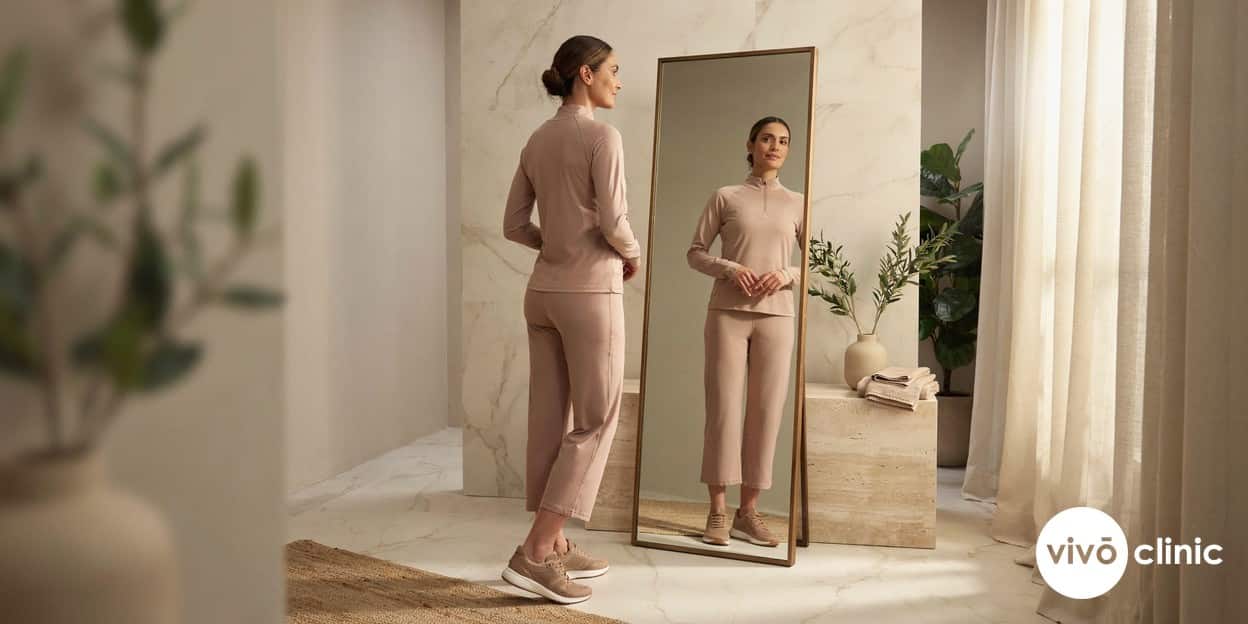 Middle Eastern woman in modest activewear checking her waistline contour in a mirror in a calm, premium Dubai clinic room after a course of Aqualyx fat-dissolving treatment