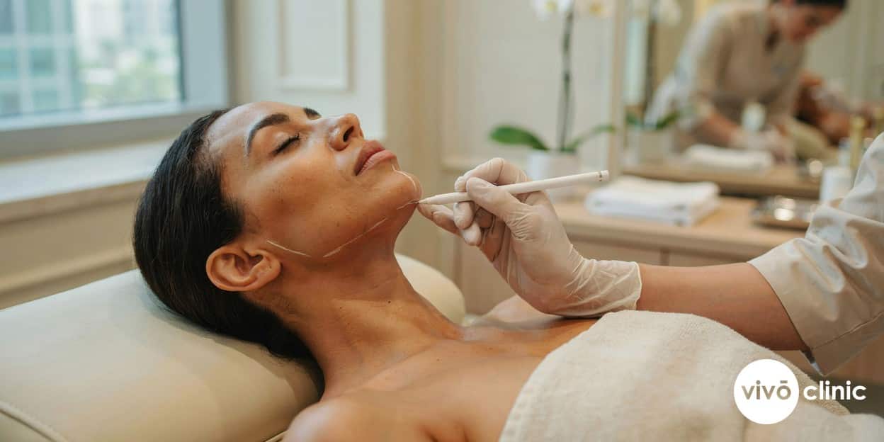 Practitioner in modest attire wearing gloves marking white assessment lines along a Middle Eastern woman’s jawline before Aqualyx treatment at VIVO Clinic Dubai
