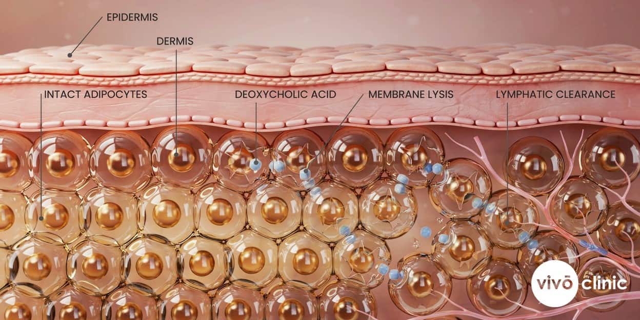 Photorealistic cross-section render of subcutaneous fat showing deoxycholic acid breaking down fat-cell membranes, with the lysed cells being cleared by the lymphatic system over eight to twelve weeks