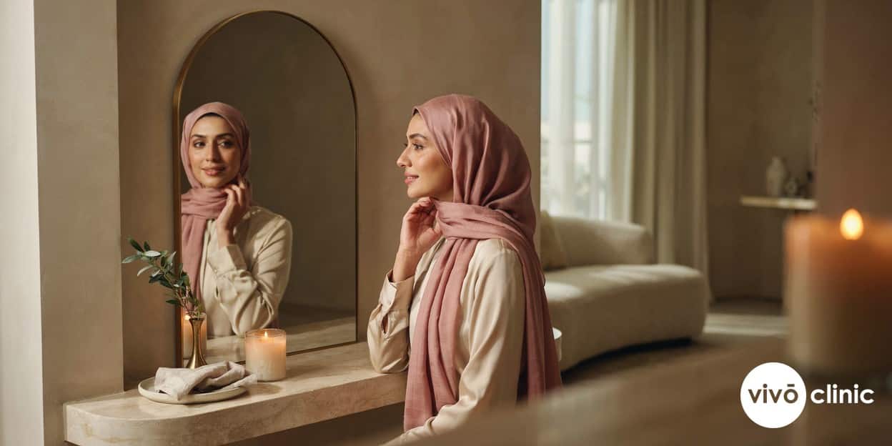 Middle Eastern woman in modest dress smiling as she views her more defined, slimmer jawline in a mirror after a course of Aqualyx at VIVO Clinic Dubai