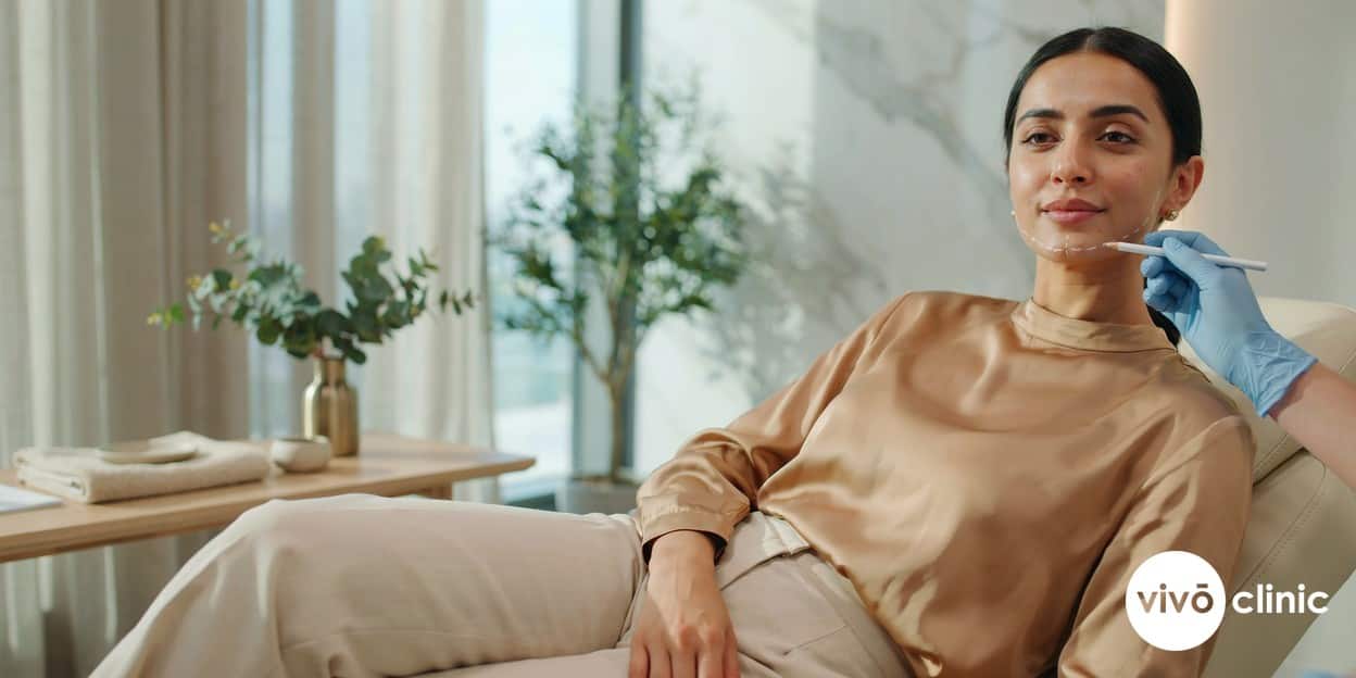 Middle Eastern woman in modest dress having her chin and jawline assessed with white cosmetic marking lines before Aqualyx fat dissolving injections at VIVO Clinic Dubai