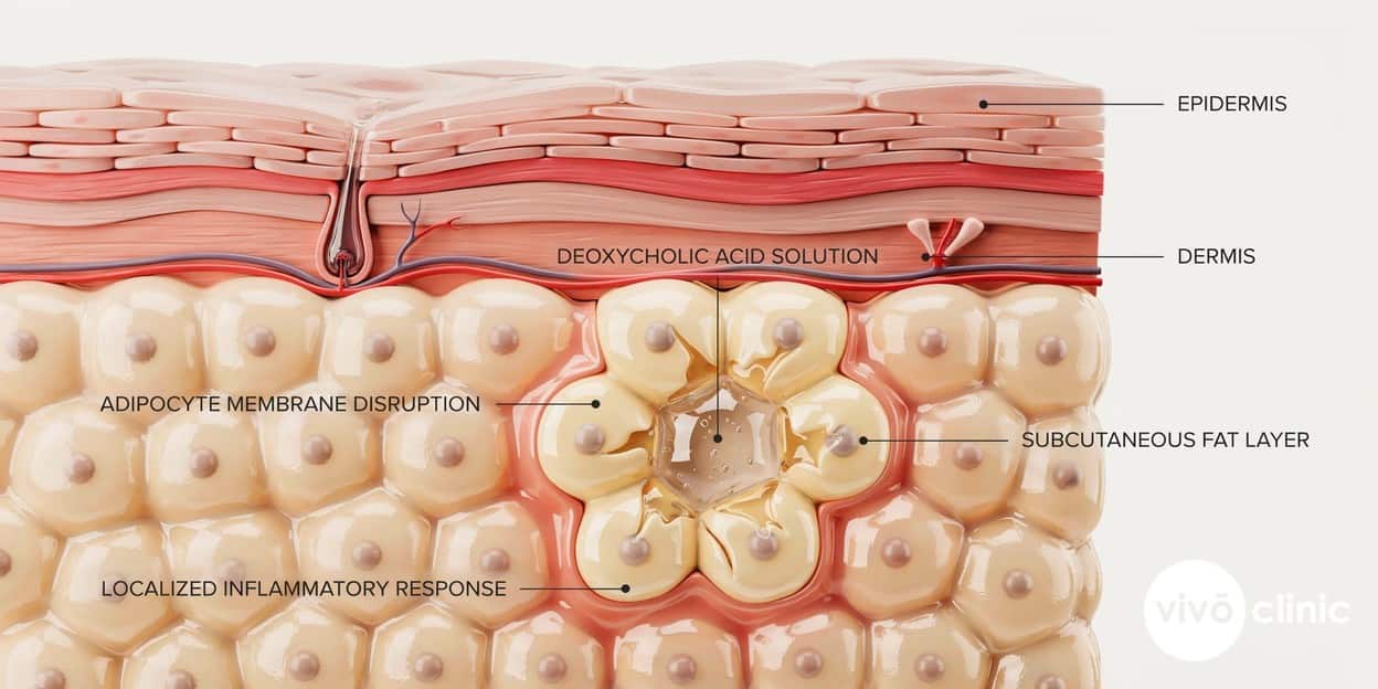 Photorealistic cross-section render of fat tissue beneath the skin showing deoxycholic acid breaking down fat-cell membranes and triggering localised inflammation and swelling, with labelled layers
