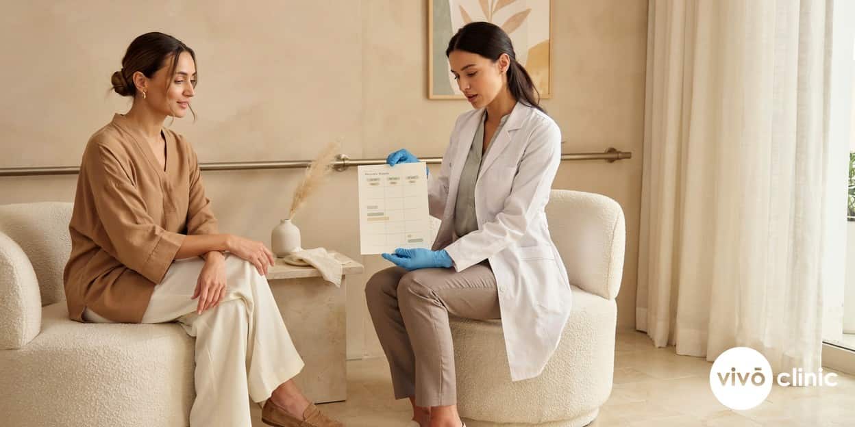 Middle Eastern woman in modest dress reviewing a day-by-day Aqualyx recovery timeline card with a gloved practitioner at VIVO Clinic Dubai, discussing what swelling and bruising to expect