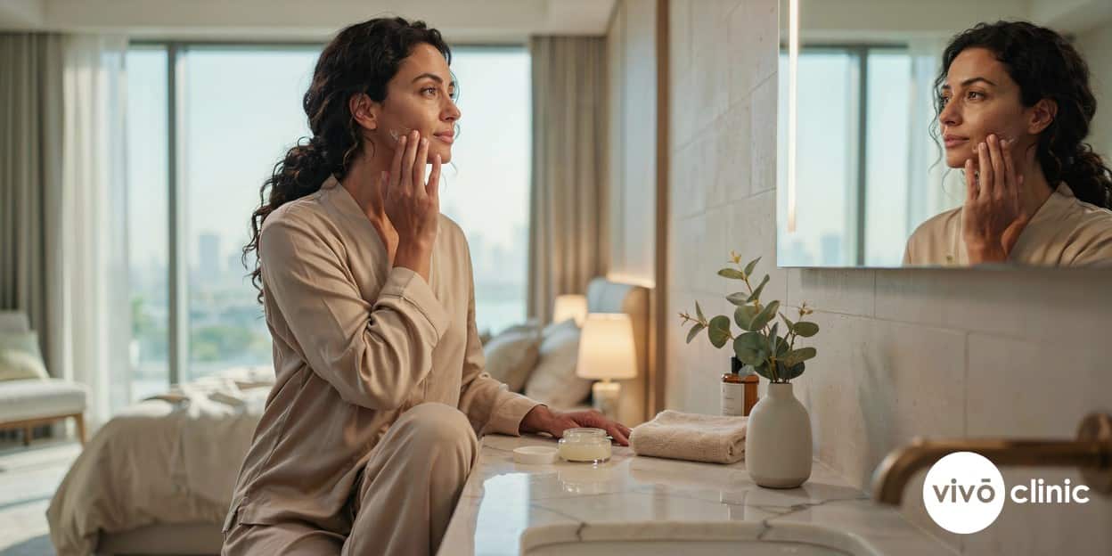 Middle Eastern woman applying a cooling aftercare product to her jawline at home in a bright Dubai apartment, following Aqualyx aftercare to ease swelling and bruising