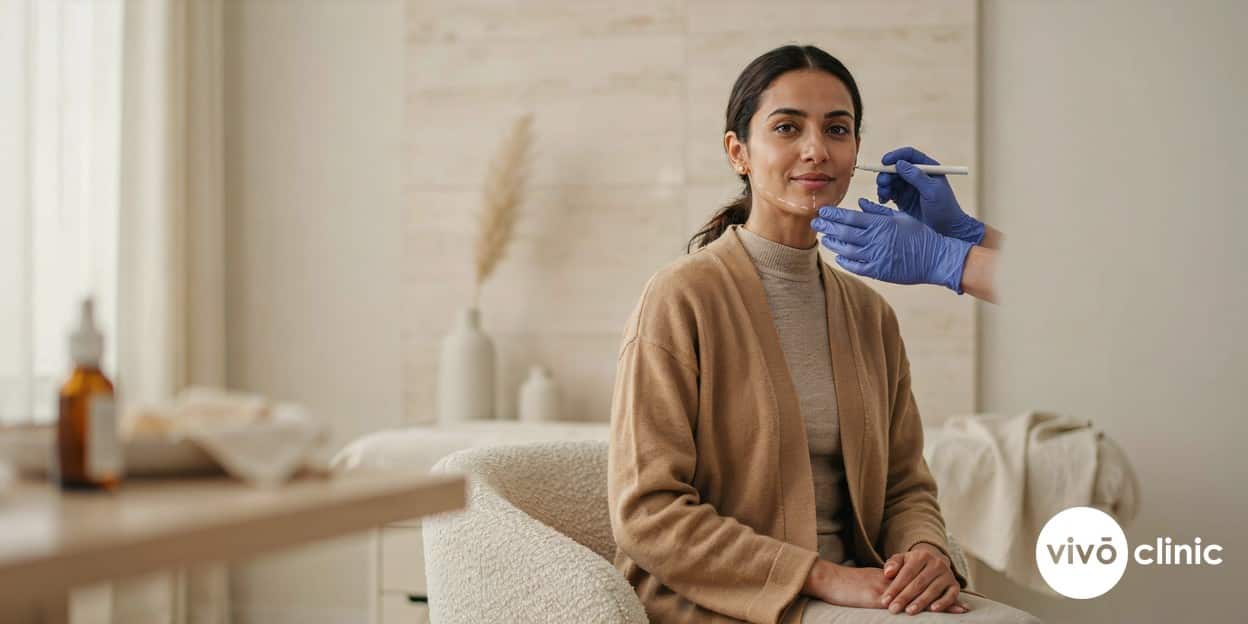 Middle Eastern woman with white cosmetic marking lines under her chin during an Aqualyx fat-dissolving consultation at VIVO Clinic Dubai, discussing expected swelling and bruising
