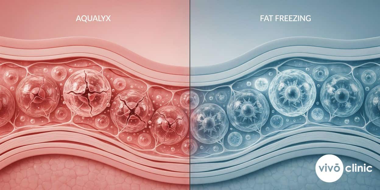 Photorealistic technical cross-section render of submental fat beneath the chin showing two labelled mechanisms: injection-based fat-cell rupture on one side and cold-induced crystallisation on the other