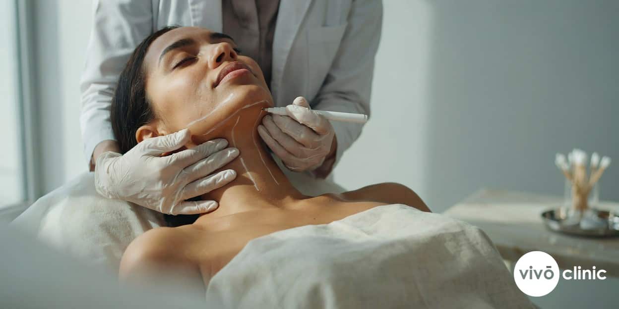 Practitioner in modest attire with gloved hands marking white treatment lines beneath the chin of a Middle Eastern woman during a double chin assessment at VIVO Clinic Dubai, no device, machine or handpiece anywhere in frame