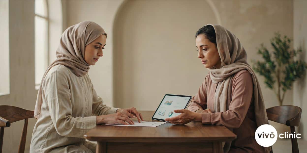 Female practitioner in modest attire reviewing aesthetic treatment safety data with a Middle Eastern patient in a calm consultation room at VIVO Clinic Dubai