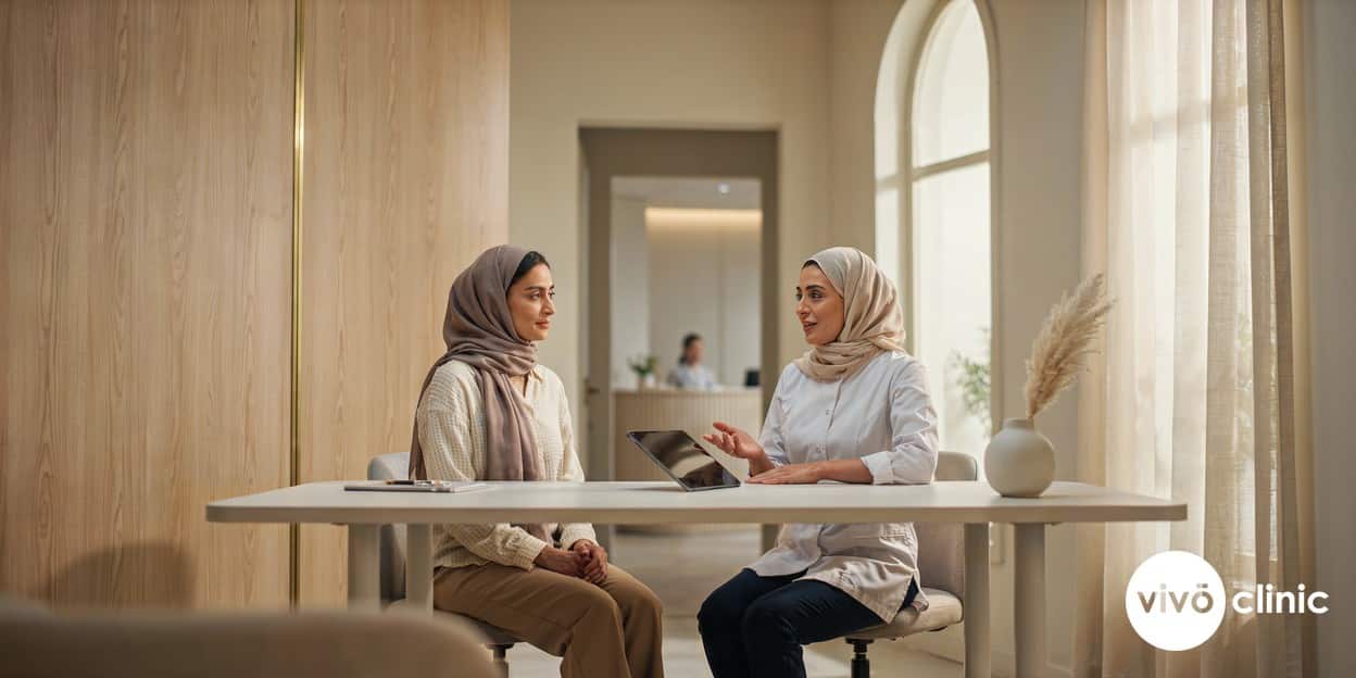 Middle Eastern woman in modest dress speaking with a female practitioner during a safety-focused aesthetic consultation at VIVO Clinic Dubai