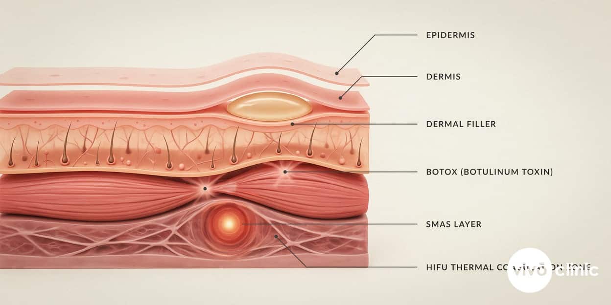 Photorealistic cross-section render of facial tissue layers showing HIFU focal heating at the deep SMAS layer, dermal filler in the mid-dermis, and botulinum toxin acting at the muscle, illustrating how the three treatments work at different depths