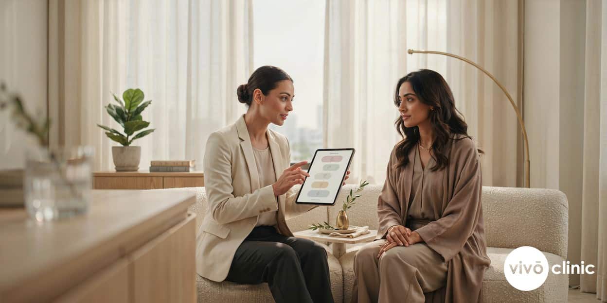 Practitioner in modest attire reviewing a facial treatment-sequencing plan on a tablet beside a Middle Eastern woman during a combination consultation at VIVO Clinic Dubai