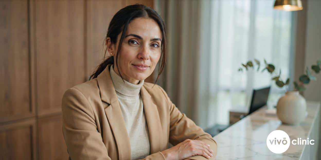 Middle Eastern woman with a refreshed, naturally lifted appearance smiling after a sequenced HIFU, filler and botulinum toxin treatment plan at VIVO Clinic Dubai