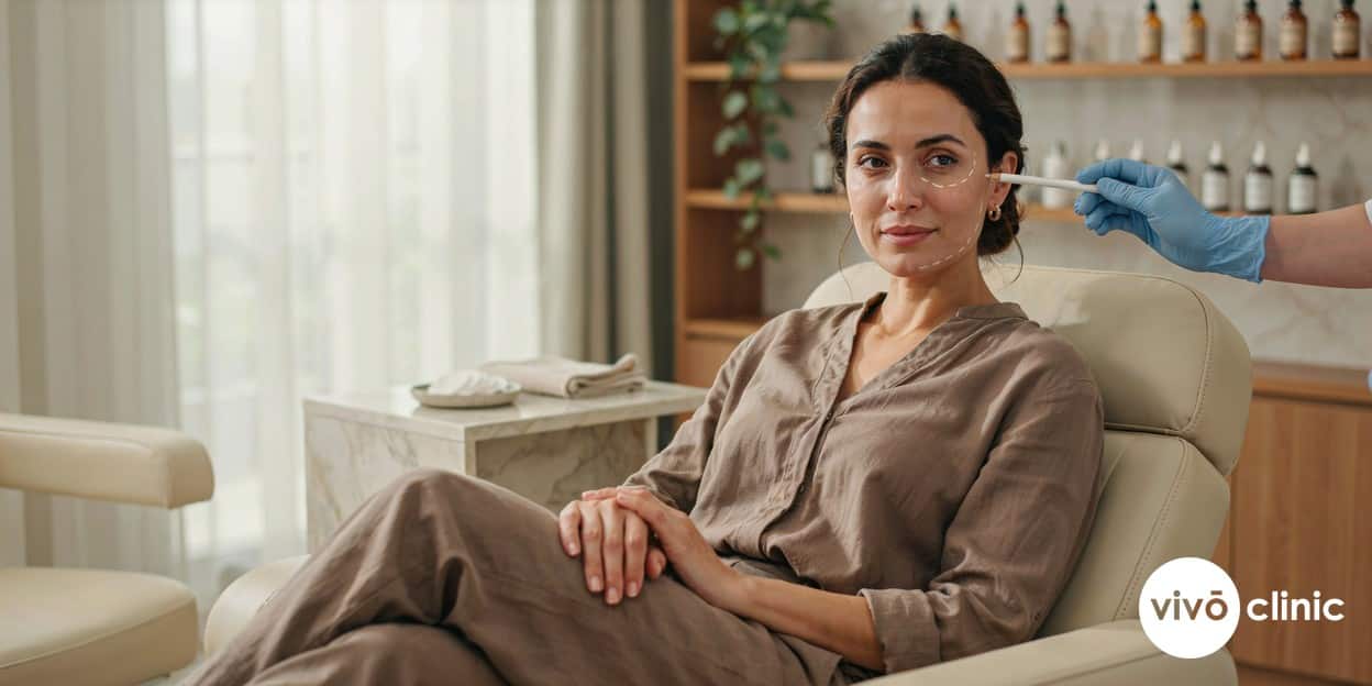 Middle Eastern woman with white treatment-mapping lines along her cheek and jaw during a combination HIFU, filler and botulinum toxin consultation at VIVO Clinic Dubai