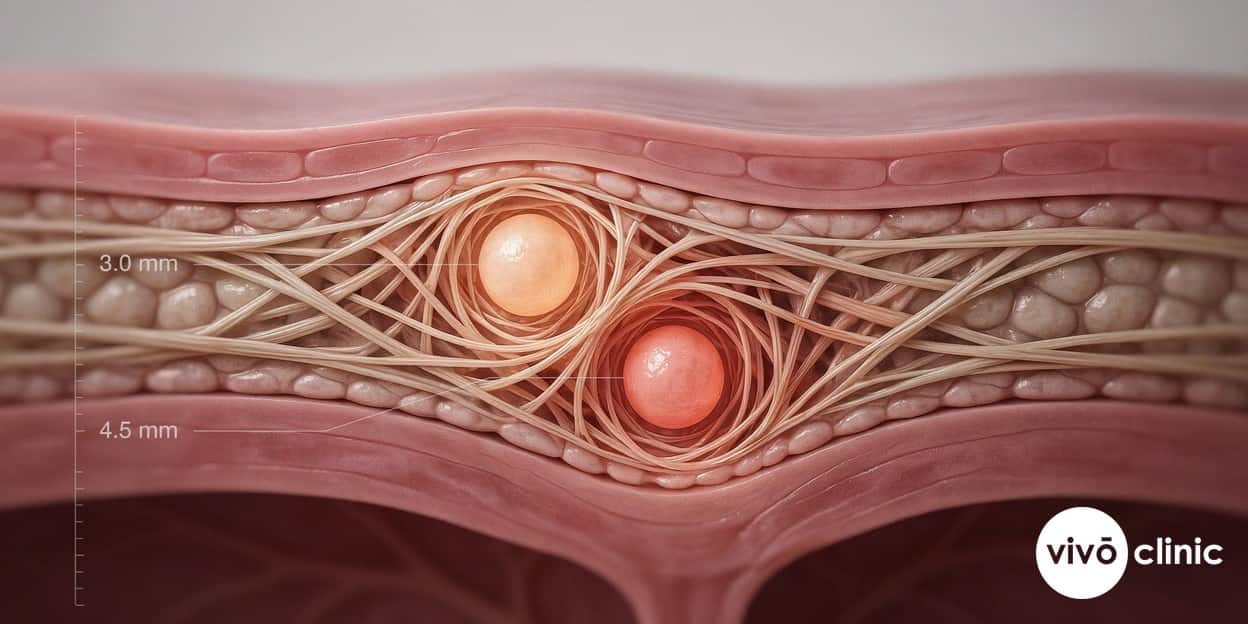 Photorealistic technical cross-section render of a vaginal wall showing HIFU focal heating points at 3.0 millimetre and 4.5 millimetre depths stimulating new collagen and elastin fibres in the connective tissue