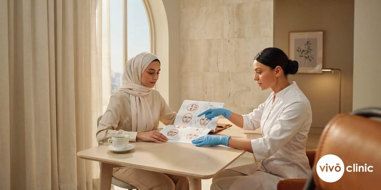 Middle Eastern woman in modest dress reviewing a facial treatment plan with a gloved practitioner during an RF and filler consultation in Dubai