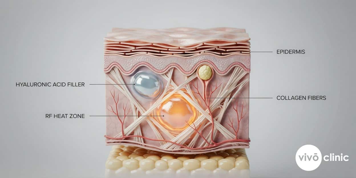 Photorealistic cross-section render of facial skin showing radiofrequency heat building collagen in the deeper dermis while hyaluronic acid filler sits in the layer above, illustrating why timing protects the filler