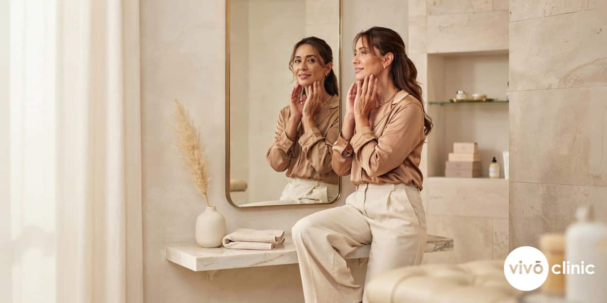 Middle Eastern woman admiring her refreshed, naturally smooth complexion in a mirror after a planned RF and injectable treatment course at VIVO Clinic Dubai