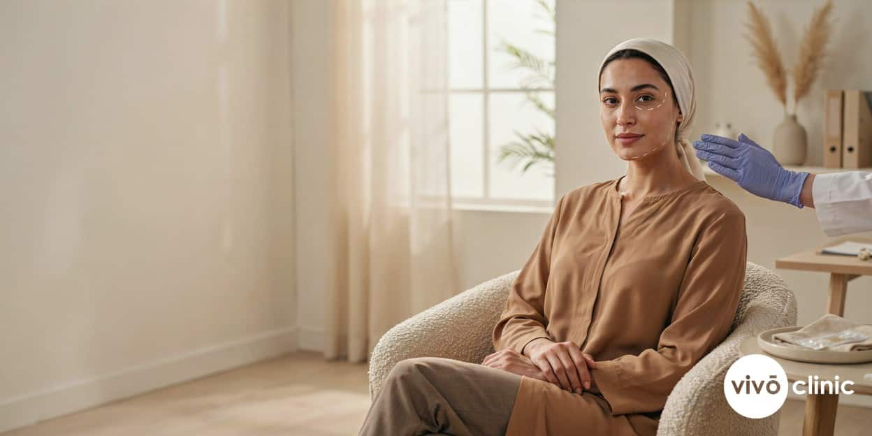 Middle Eastern woman with white cosmetic marking lines along her cheekbones during a radiofrequency and filler combination consultation at VIVO Clinic Dubai