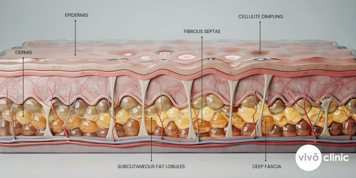 Photorealistic cross-section render of skin showing fibrous septae tethering the dermis over chambers of subcutaneous fat, illustrating how the structure of cellulite creates orange-peel dimpling on the surface