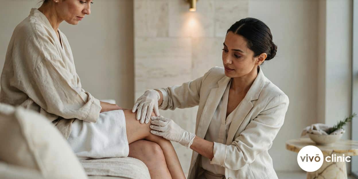 Practitioner in modest attire performing a pinch test on a Middle Eastern woman’s thigh to assess cellulite grade during a consultation at VIVO Clinic Dubai