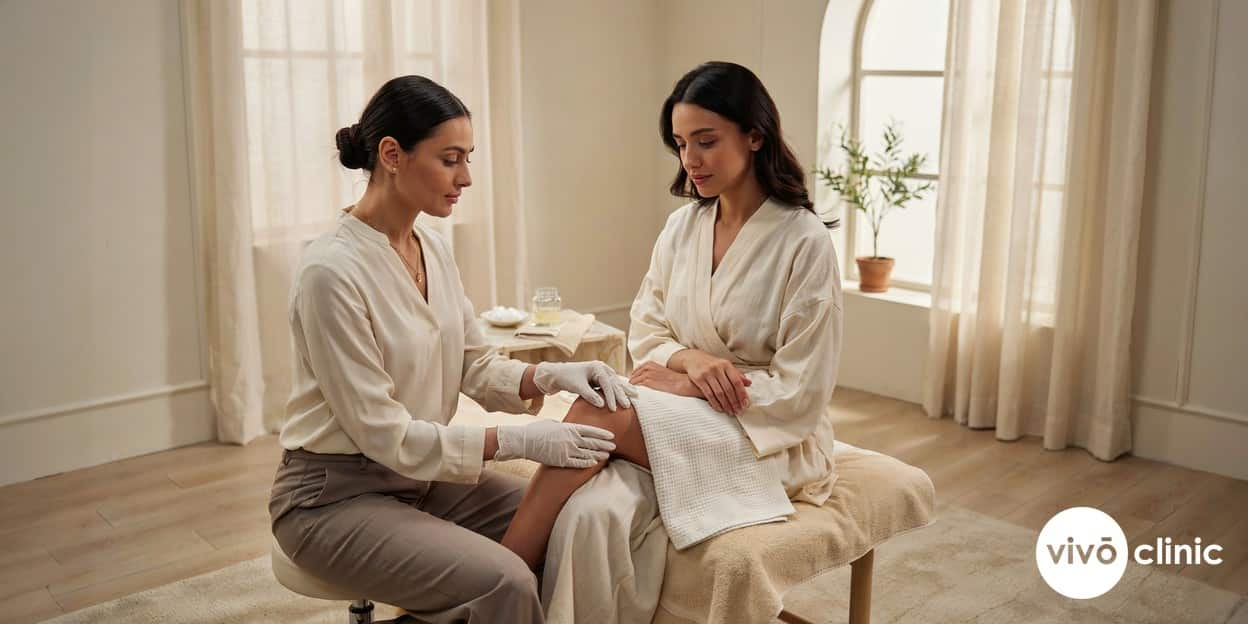Practitioner in modest attire performing a pinch test on a Middle Eastern woman's thigh to assess cellulite grade during a consultation at VIVO Clinic Dubai