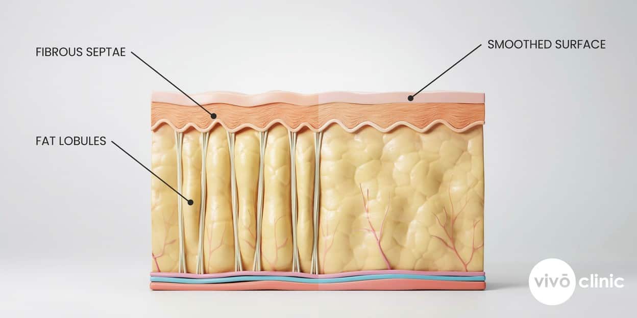 Photorealistic anatomical cross-section render of skin and subcutaneous fat, with embedded labels showing fibrous septae pulling the surface into cellulite dimples beside a smooth tightened section, illustrating the structural cause cellulite reduction targets