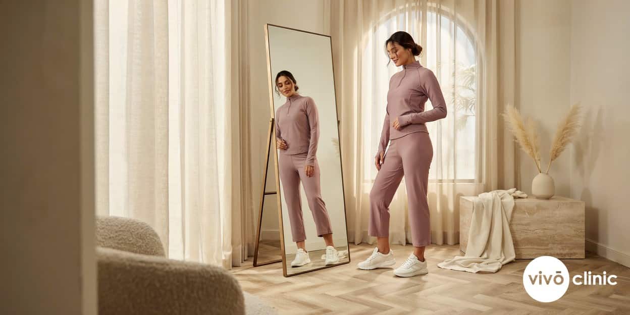 Middle Eastern woman in modest activewear smiling as she views smoother, firmer thigh contours in a mirror after body-contouring treatment at VIVO Clinic Dubai, no device, machine or handpiece anywhere in frame