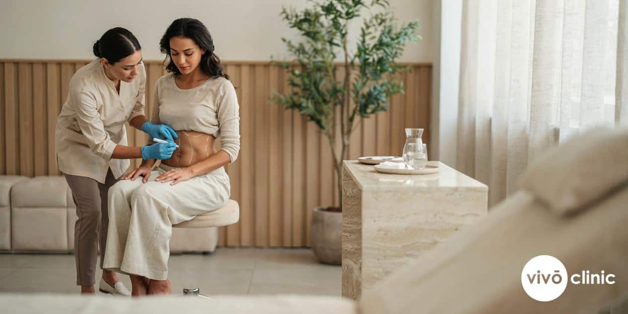 Practitioner in modest attire drawing white cosmetic marking lines on a Middle Eastern woman's abdomen while planning a combined fat freezing and ultrasound cavitation body contouring protocol at VIVO Clinic Dubai