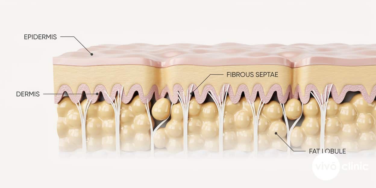 Photorealistic cross-section render of skin showing fat lobules pushing against fibrous septae bands to create cellulite dimpling, with intentional embedded labels for epidermis, dermis, fibrous septae and fat lobule