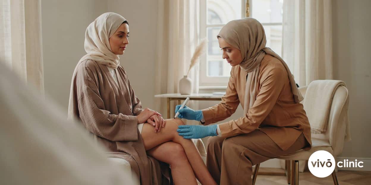 Middle Eastern practitioner in modest attire using white cosmetic marking lines to grade and map cellulite on a client’s thigh during a consultation at VIVO Clinic Dubai, no device, machine or handpiece anywhere in frame