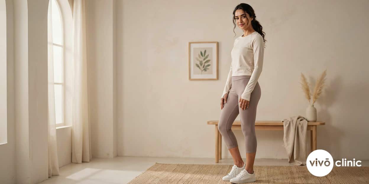 Confident Middle Eastern woman in modest activewear looking at her smoother thigh in a softly lit changing area, conveying realistic satisfaction with cellulite reduction results, no device, machine or handpiece anywhere in frame