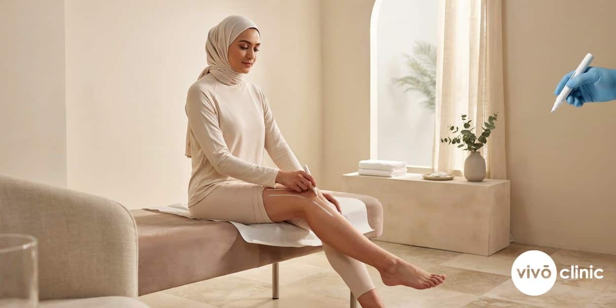 Middle Eastern woman in modest activewear with white cosmetic marking lines on her thigh during a cellulite reduction assessment at VIVO Clinic Dubai