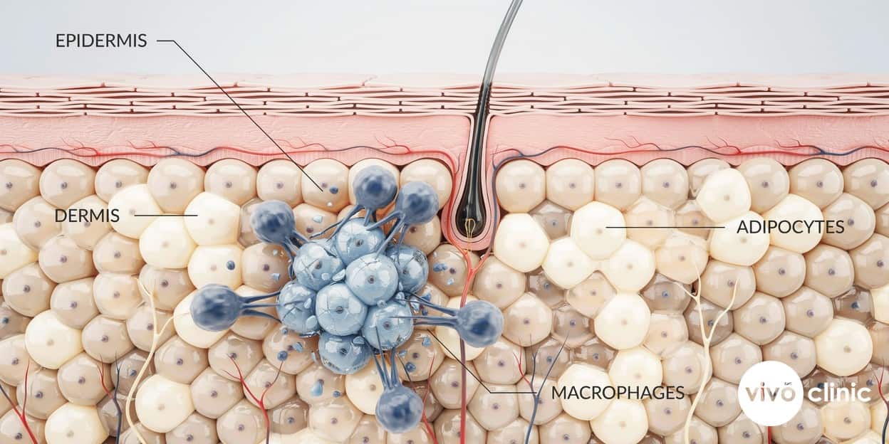Photorealistic technical cross-section render of skin and subcutaneous fat showing cold-damaged adipocytes being surrounded and broken down by macrophage immune cells, with labelled layers