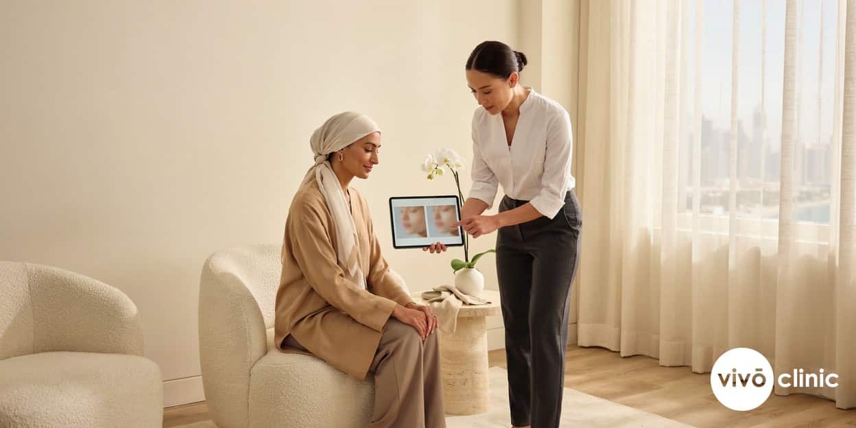 Middle Eastern woman in modest attire smiling as she reviews her three-month progress photographs with a practitioner at VIVO Clinic Dubai, illustrating the gradual fat freezing before and after result