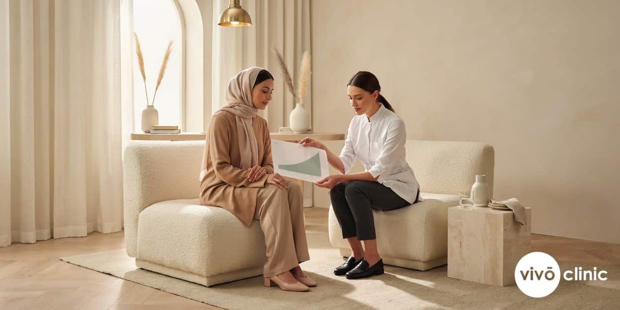 Middle Eastern woman in modest attire reviewing a fat freezing before and after timeline chart with a practitioner at VIVO Clinic Dubai