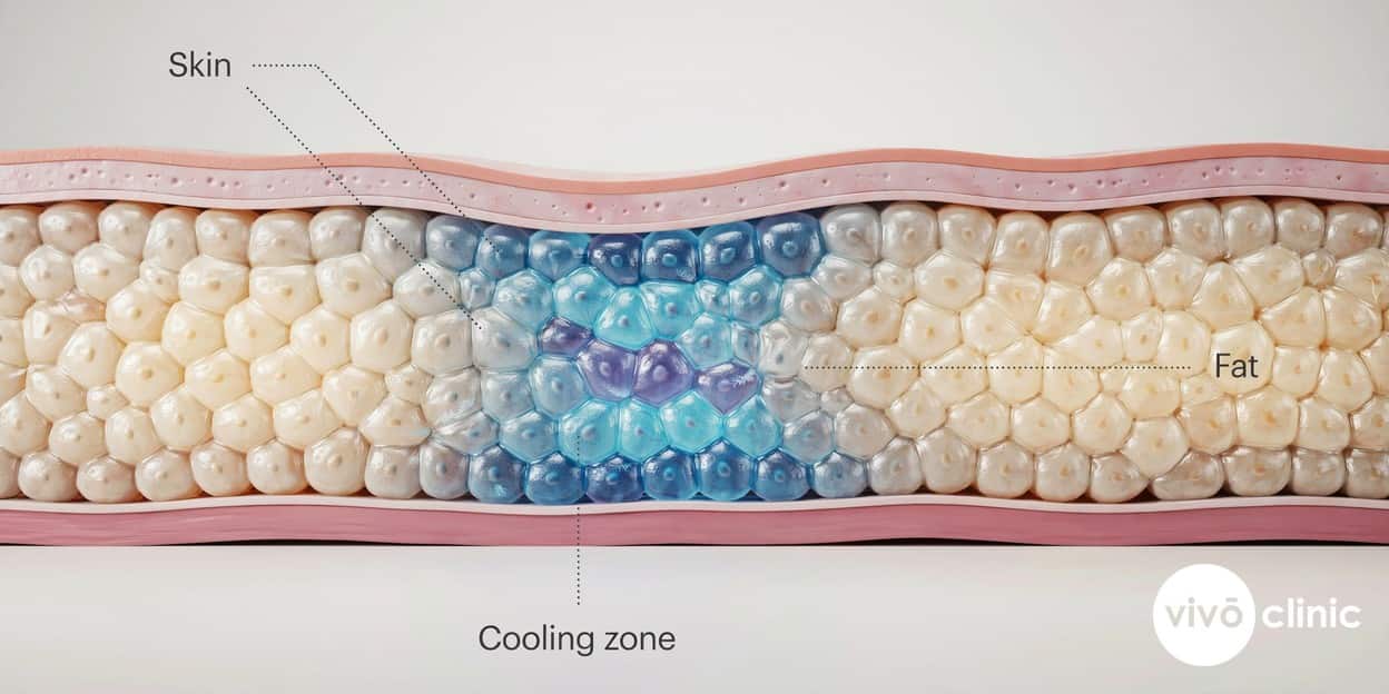 Photorealistic technical cross-section render of submental skin showing a cooling applicator chilling the fat layer beneath the chin, with embedded labels for skin, subcutaneous fat and the cooling zone