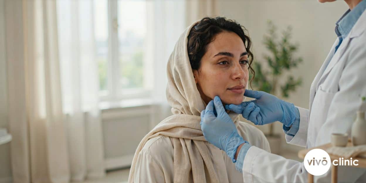 Practitioner in modest attire gently pinching and assessing the submental fat pad of a Middle Eastern woman before a double chin treatment at VIVO Clinic Dubai, no device or handpiece in frame