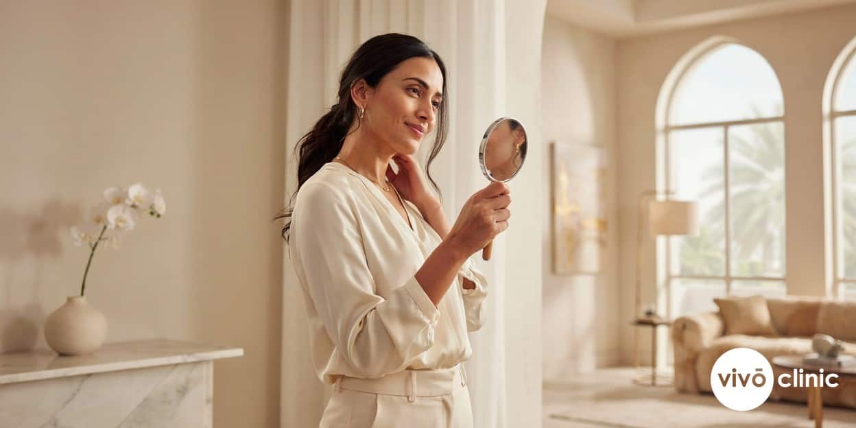 Middle Eastern woman smiling as she checks her more defined jawline and neck in a mirror after double chin fat freezing at VIVO Clinic Dubai