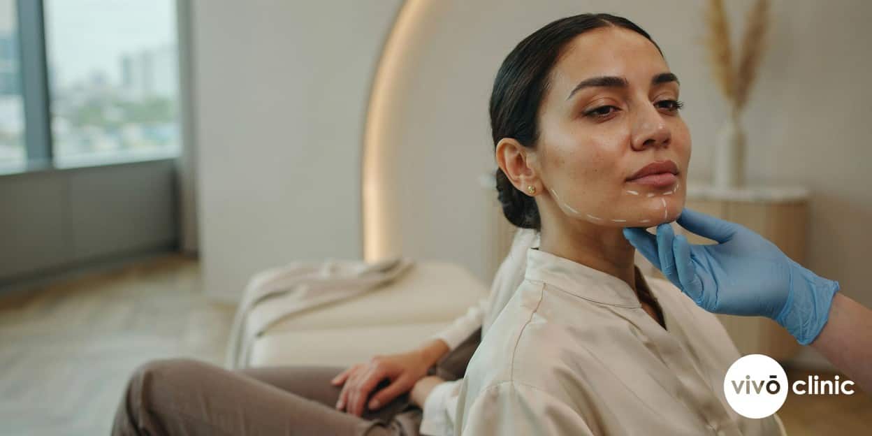 Middle Eastern woman with white cosmetic marking lines drawn beneath her chin during a double chin fat freezing consultation at VIVO Clinic Dubai